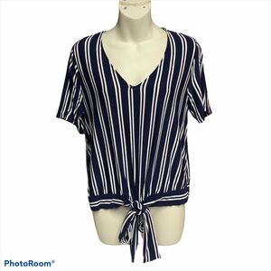 Doublju blue and white striped tie waist shirt L